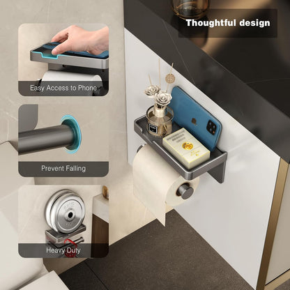 CoralBond Toilet Tissue Roll Paper Holder Gray Phone Shelf Self-Adhesive Screw-in Wall Mount VB012