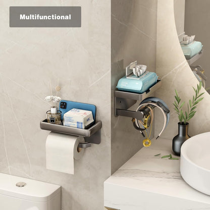 CoralBond Toilet Tissue Roll Paper Holder Gray Phone Shelf Self-Adhesive Screw-in Wall Mount VB012