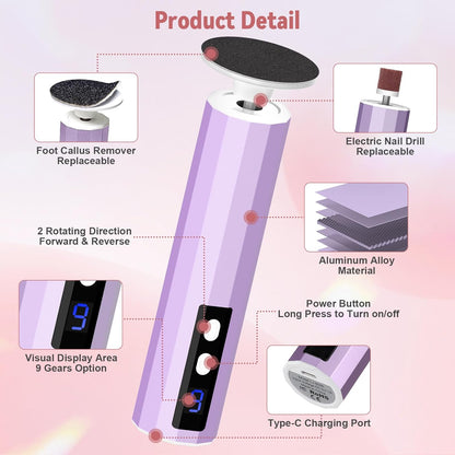 CoralBond Electric Foot Feet Callus Remover Purple Rechargeable Adjustable Speed File VB076
