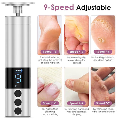 CoralBond Professional 2-in-1 Electric Foot Feet Callus Remover Silver Adjustable Portable Nail File Grinder Kit VB079