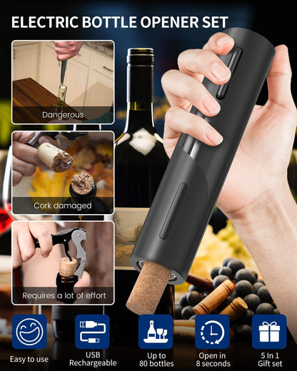 CoralBond Cordless Electric Wine Bottle Opener Corkscrew Set Rechargeable VB025
