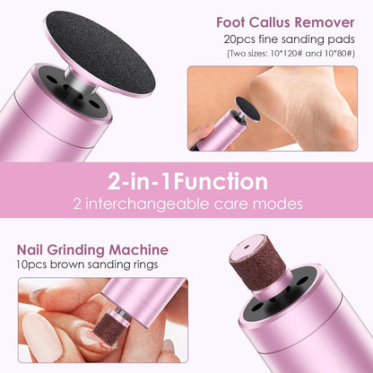 CoralBond Professional 2-in-1 Electric Foot Feet Callus Remover Rose Gold Adjustable Portable Nail File Grinder Kit VB078