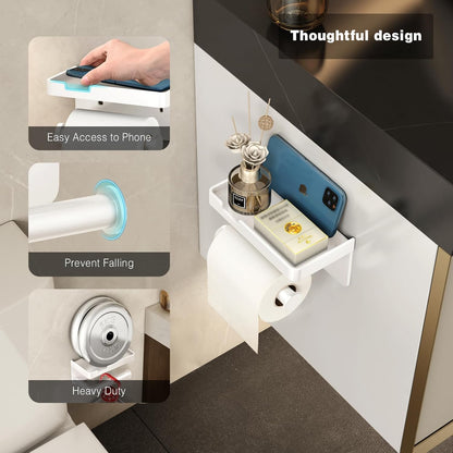 CoralBond Toilet Tissue Roll Paper Holder White Phone Shelf Self-Adhesive Screw-in Wall Mount VB013