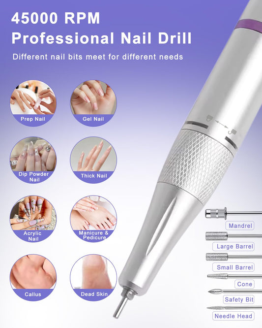 CoralBond Electric Nail Drill 45000 RPM Cordless Portable Rechargeable Diamond E-File Low Noise