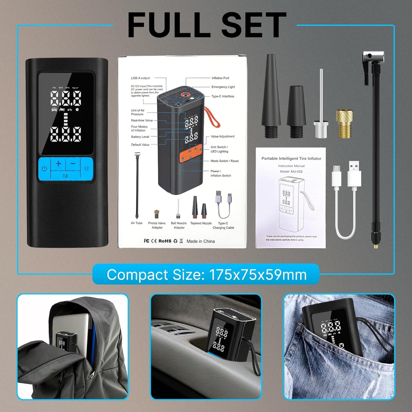 CoralBond 150PSI Portable Cordless Air Compressor Pump Tire Inflator Digital Display Auto Stop VB007