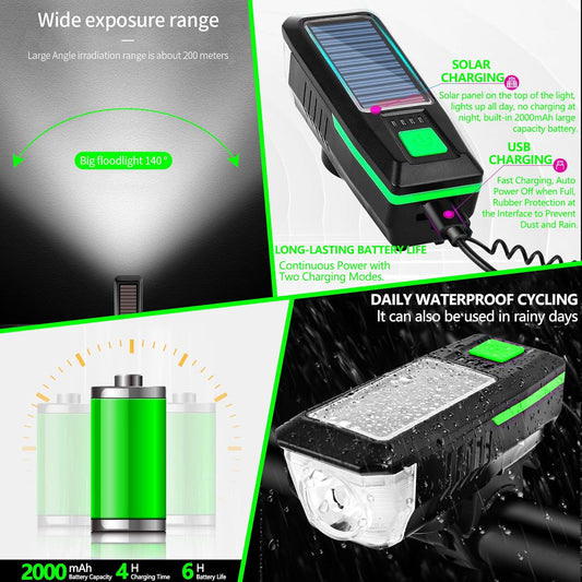 CoralBond Solar USB Bike Horn Headlight Dual Charging Light High Brightness Waterproof Ideal VB114
