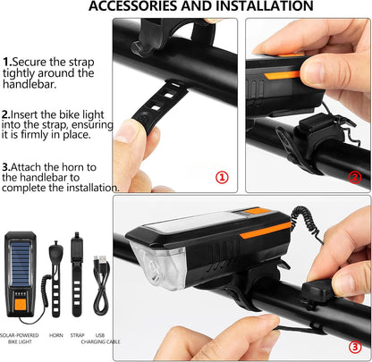 CoralBond Solar USB Bike Horn Headlight Dual Charging Light High Brightness Waterproof Ideal VB116