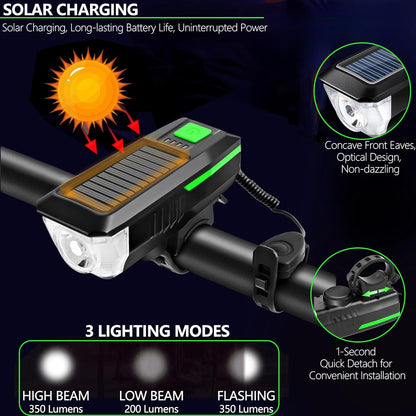 CoralBond Solar USB Bike Horn Headlight Dual Charging Light High Brightness Waterproof Ideal VB114