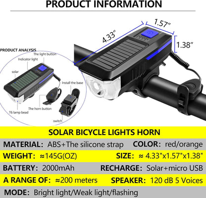 CoralBond Solar USB Bike Horn Headlight Dual Charging Light High Brightness Waterproof Ideal VB113
