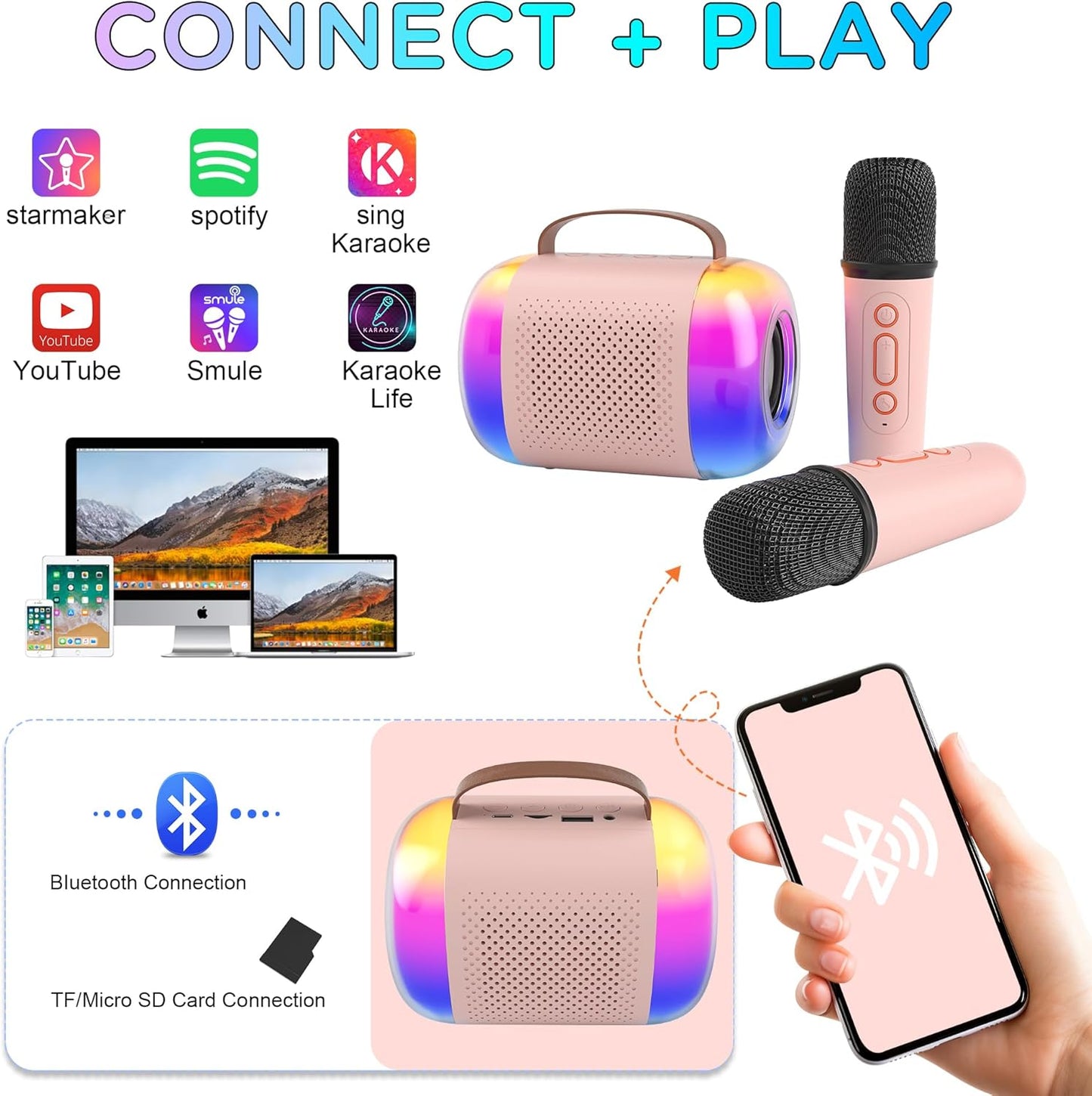 CoralBond Portable Mini Karaoke Machine 2 Wireless Microphones LED Home Party VB021