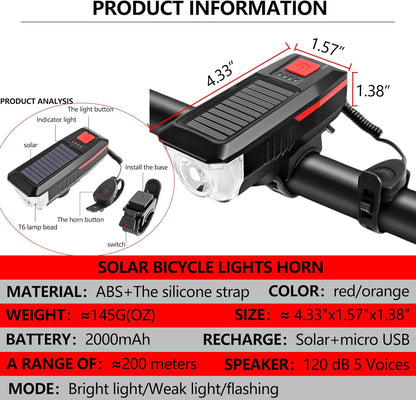 CoralBond Solar USB Bike Horn Headlight Dual Charging Light High Brightness Waterproof Ideal VB115