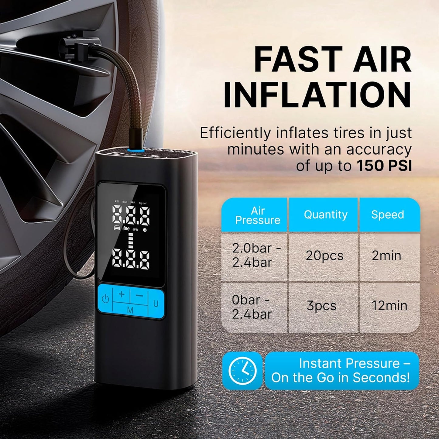 CoralBond 150PSI Portable Cordless Air Compressor Pump Tire Inflator Digital Display Auto Stop VB007
